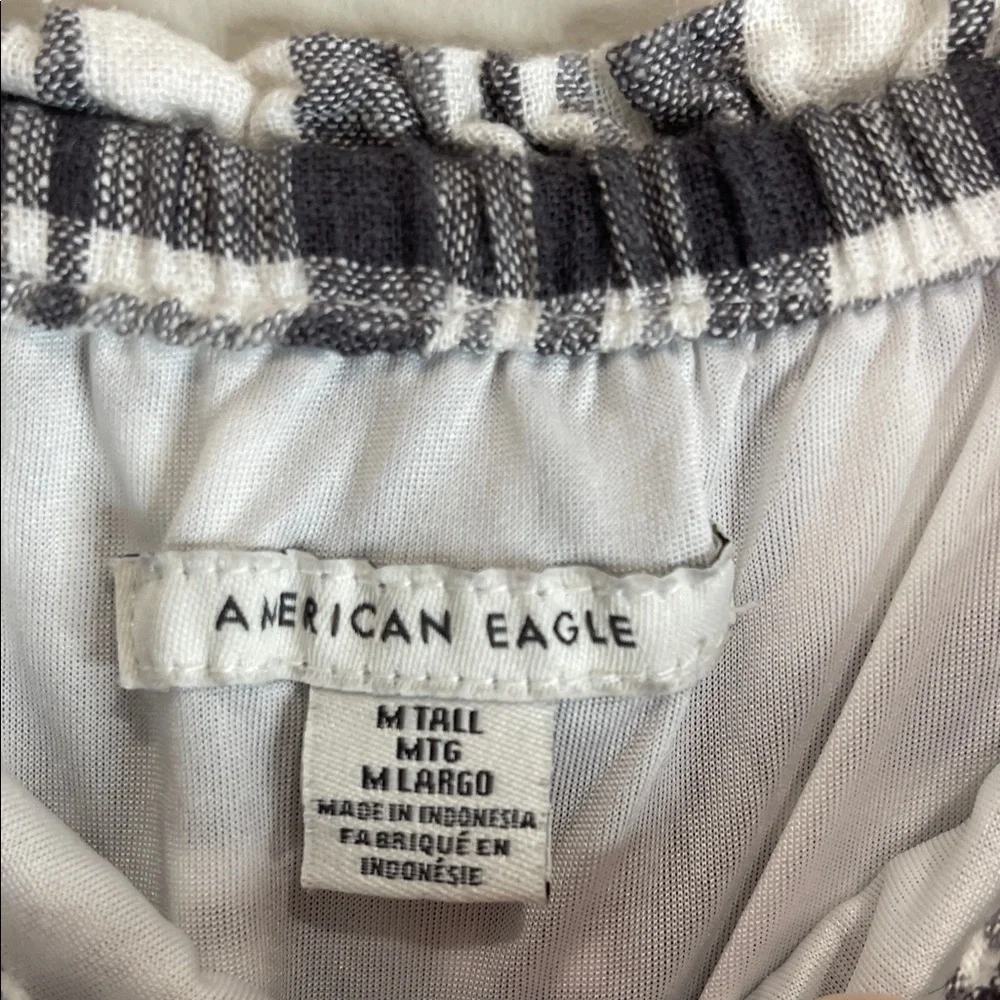 American Eagle Plaid Babydoll Shorts Romper Black White Linen Blend Pockets M - Picture 9 of 13